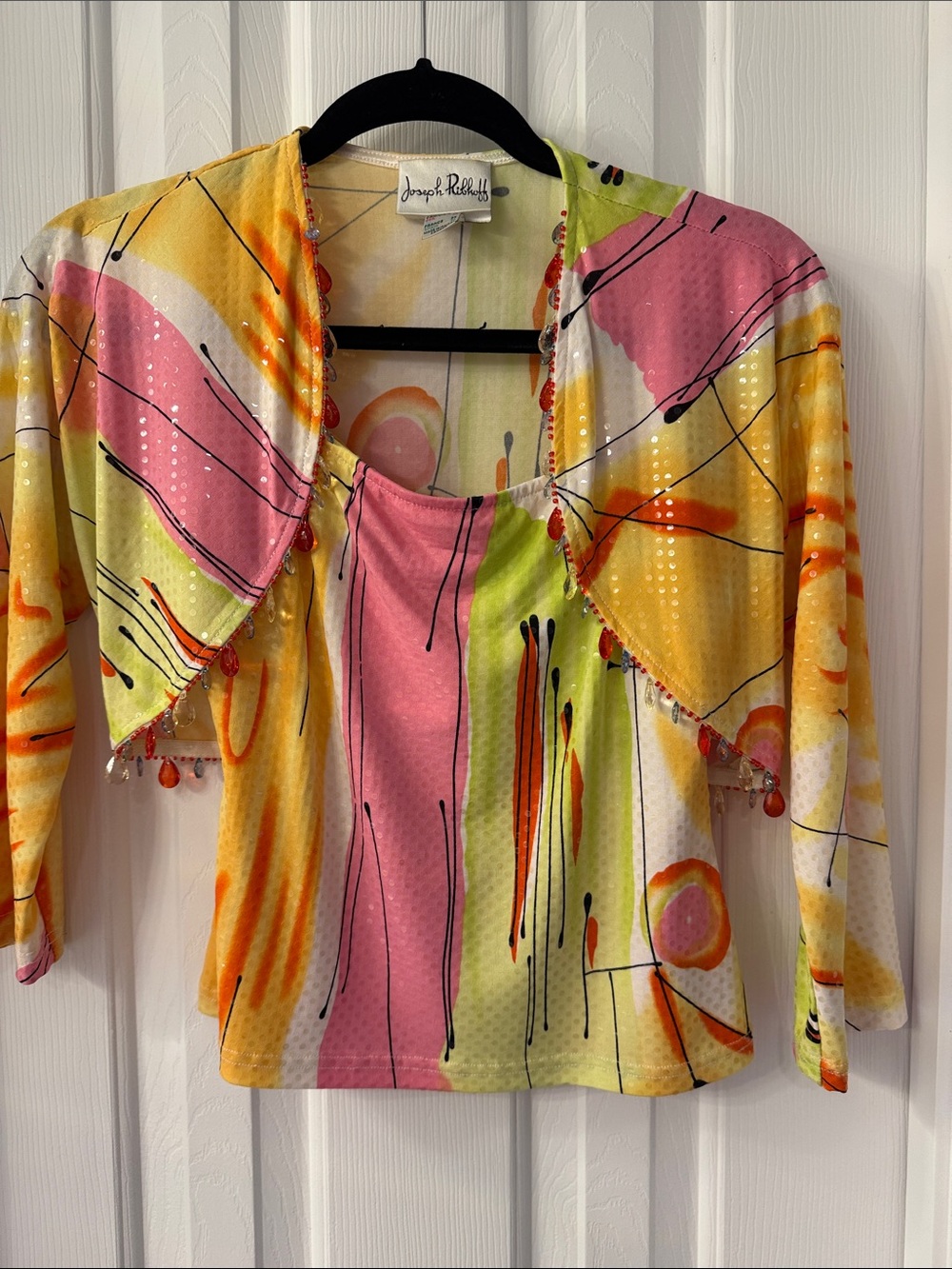 Joseph Ribkoff Pink, Yellow & Lime Abstract Beaded Bolero Tunic Set